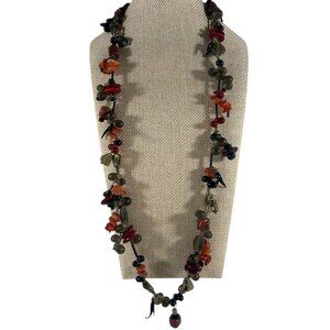 Artisan Necklace Chip Stone Glass Beaded Dangle Chili Peppers Earthy Boho Tribal
